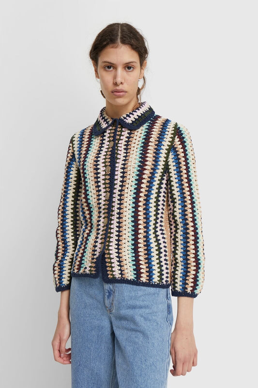 WOOD WOOD 725 Signe Crochet Multicolor Knit Cotton Garmentory Sweater Cardigan S