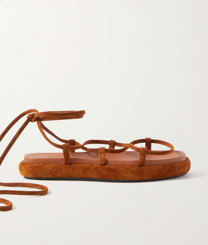 KHAITE	Alba Brown Suede Leather Trimmed Strappy Tie Up Ankle Sandals 38.5