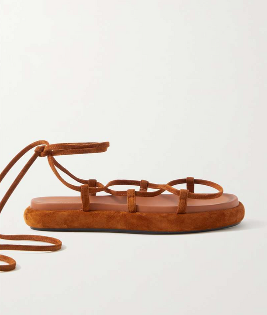 KHAITE	Alba Brown Suede Leather Trimmed Strappy Tie Up Ankle Sandals 38.5
