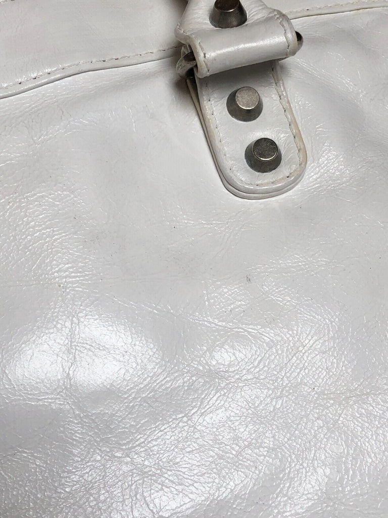 BALENCIAGA City 2Way 115748 White Leather Silver Stud Moto Shoulder Bag Purse