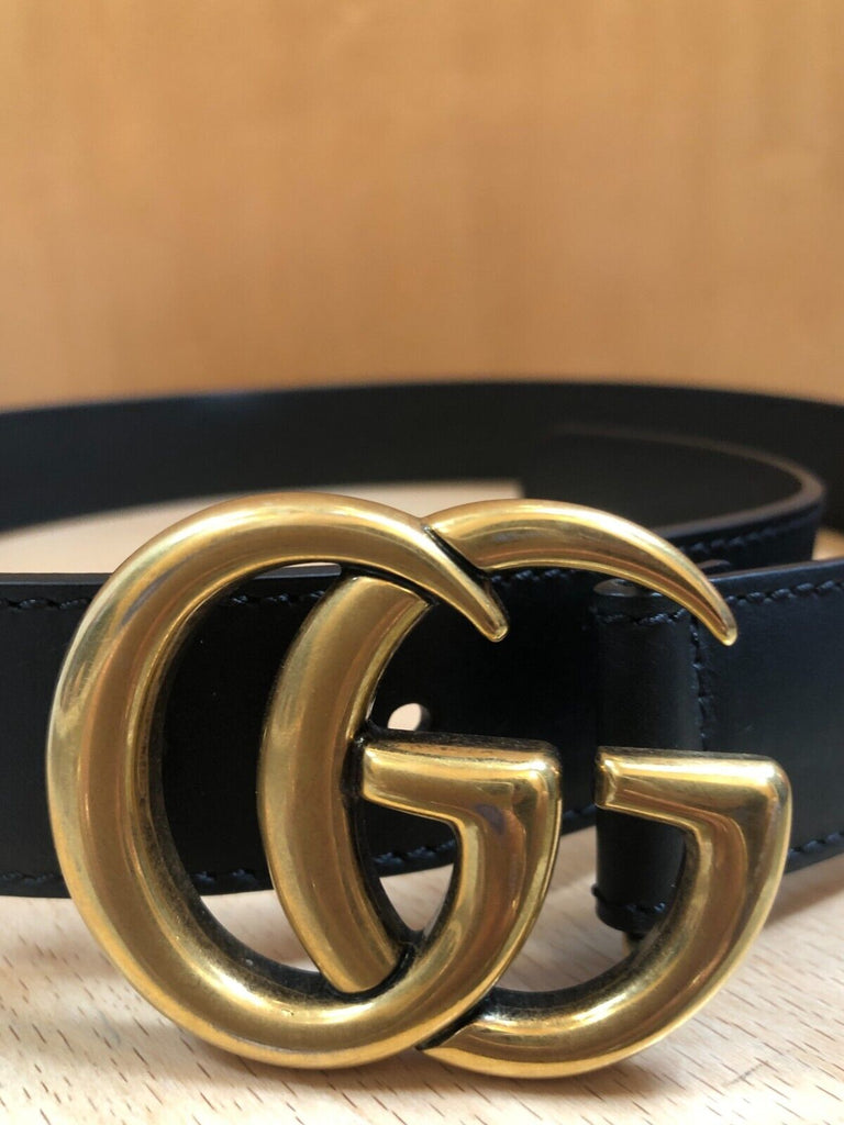 GUCCI Black Marmont GG Leather Gold Hardware Skinny Waist Belt 75/30