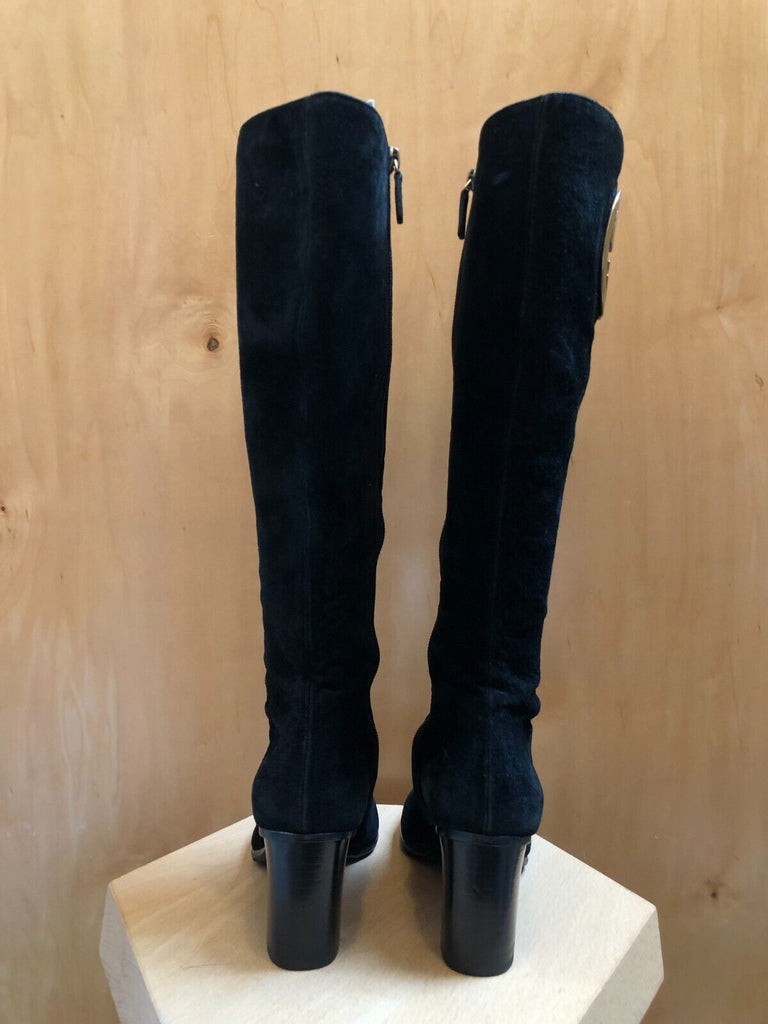 GUCCI Vtg Tom Ford Black Suede Leather Interlocking GG Logo Knee High Boot 37.5