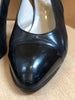 CHANEL Vtg Black Leather Patent Leather CC Cap Toe Slingback Pump Heel 37/7/6.5