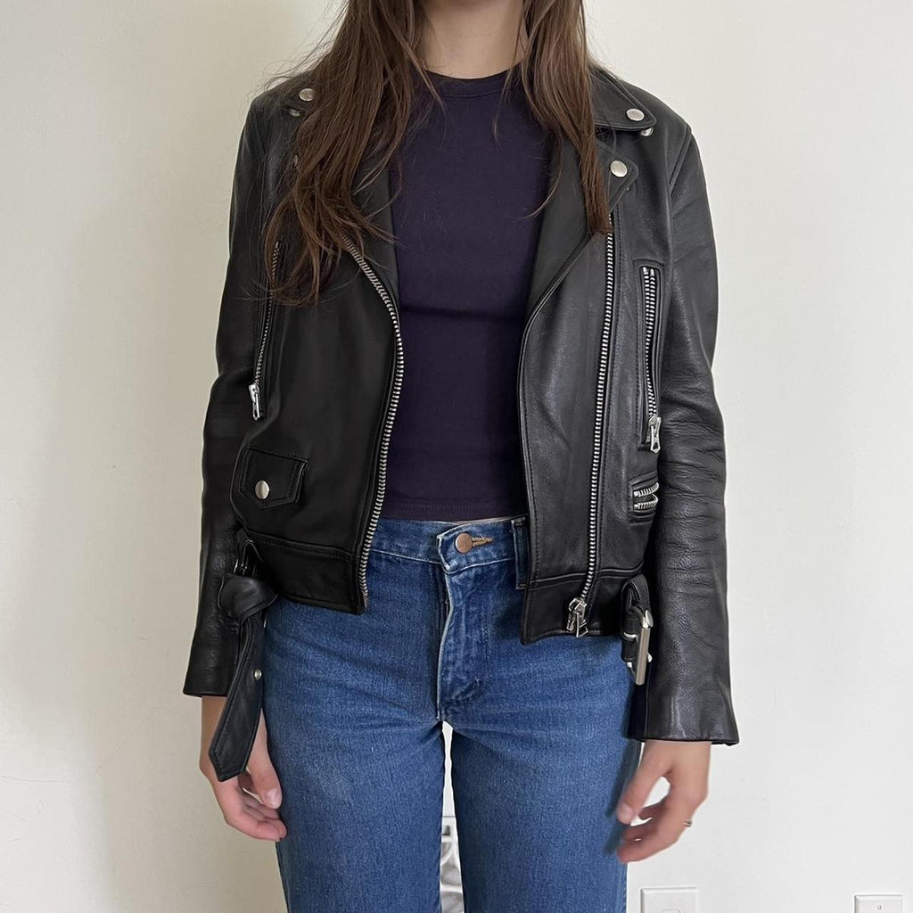 ACNE STUDIOS	Mock Black Leather Asymmetric Zip Belted Moto Biker Jacket 36/4