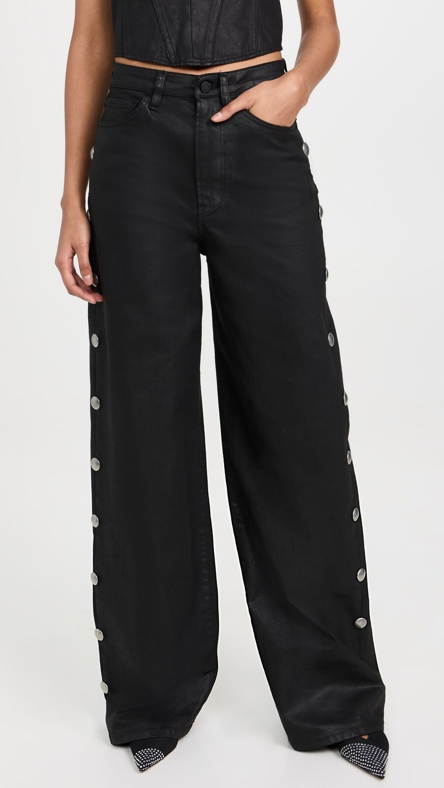 3X1 $385 Flip Black Wax Coated Silver Stud Wide Leg Pant Denim Jean 25