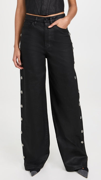 3X1 $385 Flip Black Wax Coated Silver Stud Wide Leg Pant Denim Jean 25