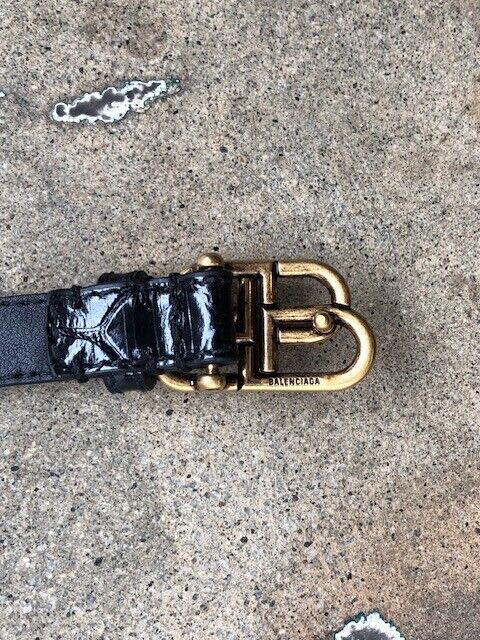 BALENCIAGA BB Super Black Embossed Leather Gold Buckle Skinny Waist Belt 85cm /S