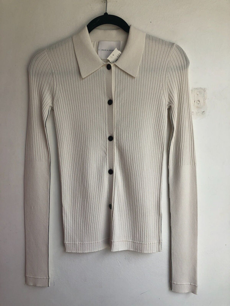 MARIA MCMANUS White Ivory Black Link Rib Knit Polo Collar Top Blouse Sweater