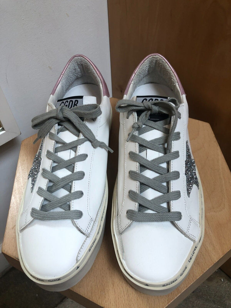 GOLDEN GOOSE Hi Star White Silver Glitter Pink Leather Low Top Womens Sneaker 39