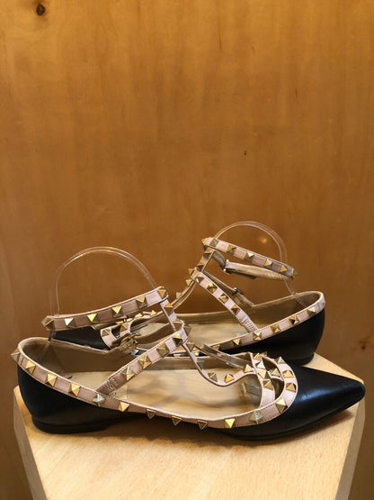 VALENTINO Rockstud Black Pink Gold Stud Pointed Toe Cage T-Strap Ballet Flat 40