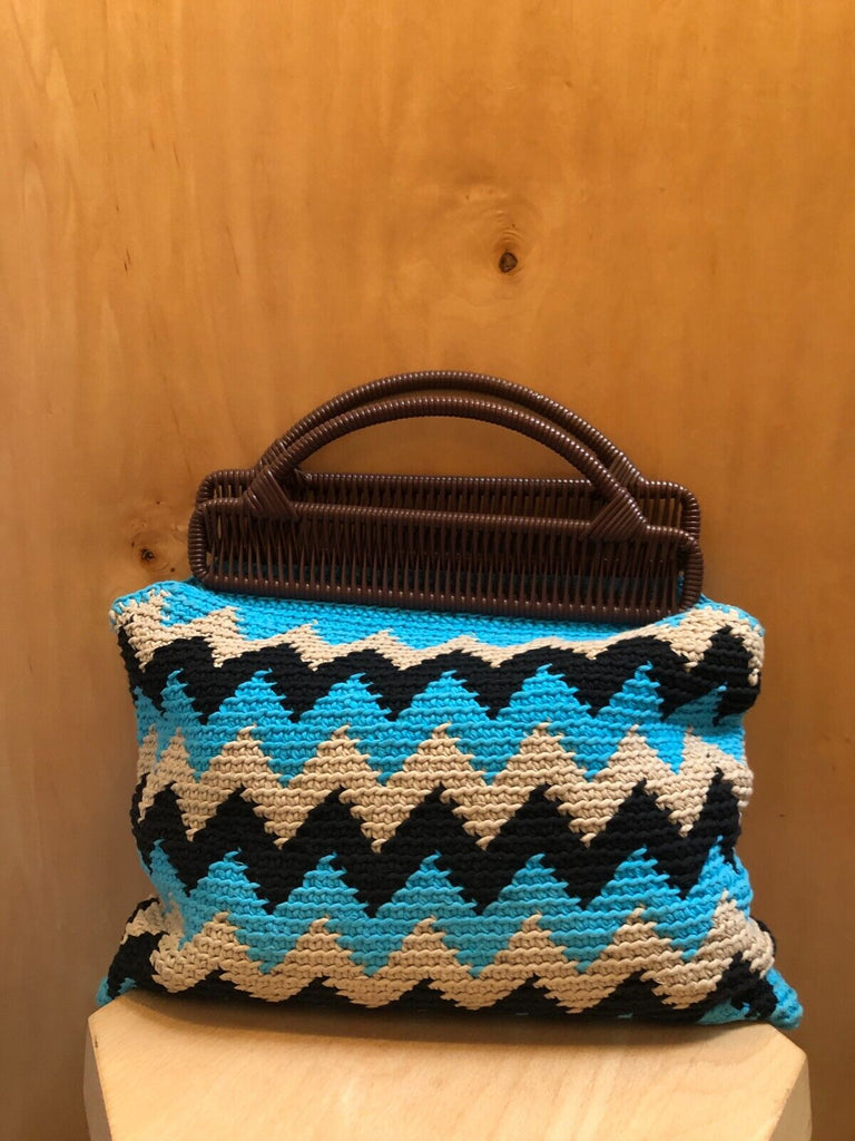 MARNI Market Blue Black Beige Crochet Knit Zig Zag Chevron Geometric Bag Purse