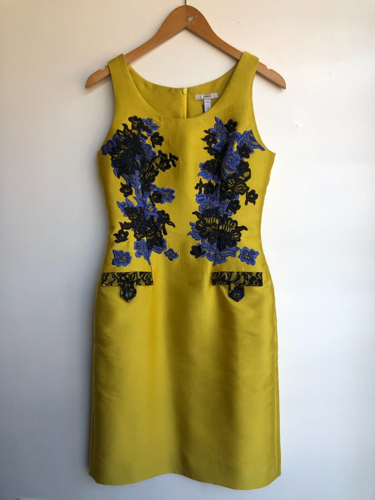 ERDEM Yellow Black Blue Floral Embroidered Sleeveless Silk Dress UK 10 / US 6