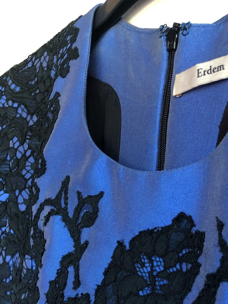 ERDEM	Blue Black Lace Embroidered Floral Print Cap Sleeve Knee Length Dress ~S