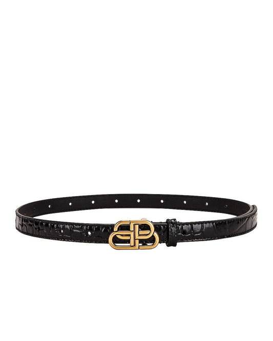 BALENCIAGA BB Super Black Embossed Leather Gold Buckle Skinny Waist Belt 85cm /S