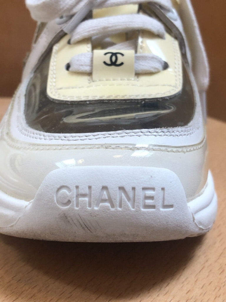 CHANEL White Yellow Transparent Clear PVC Plastic Vtg Low Top Leather Sneaker 35