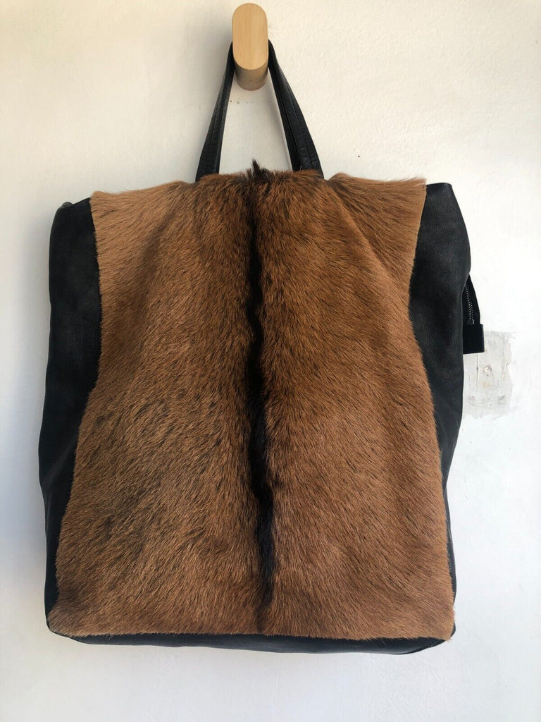 CELINE Vertical Cabas Black Brown Fur Leather Large Shoulder Bag Purse Tote