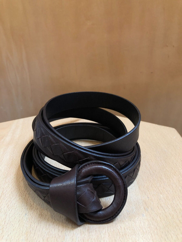 BOTTEGA VENETA Brown Calfskin Leather Intrecciato Hoop Knot Wrap Skinny Belt O/S