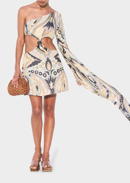 CULT GAIA	$500 Lucy Paisley Multicolor One Shoulder Silk Cut Out Mini Dress XS