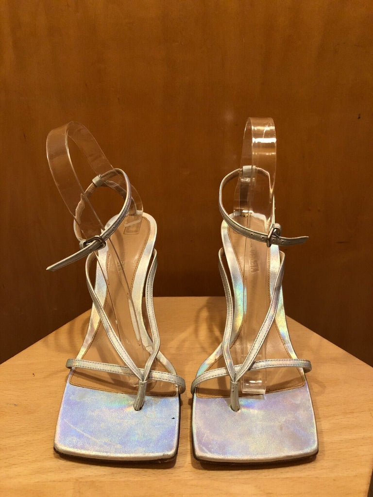 BOTTEGA VENETA Laser Moon Drop Iridescent Silver Square Toe Sandal Heel 38/8/7.5