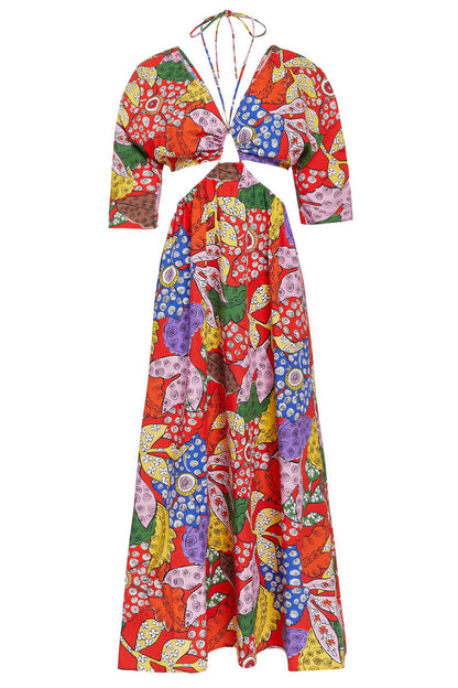 MARA HOFFMAN NWT 500 Shaina Banditta Red Multi Floral Print Cut Out Maxi Dress S