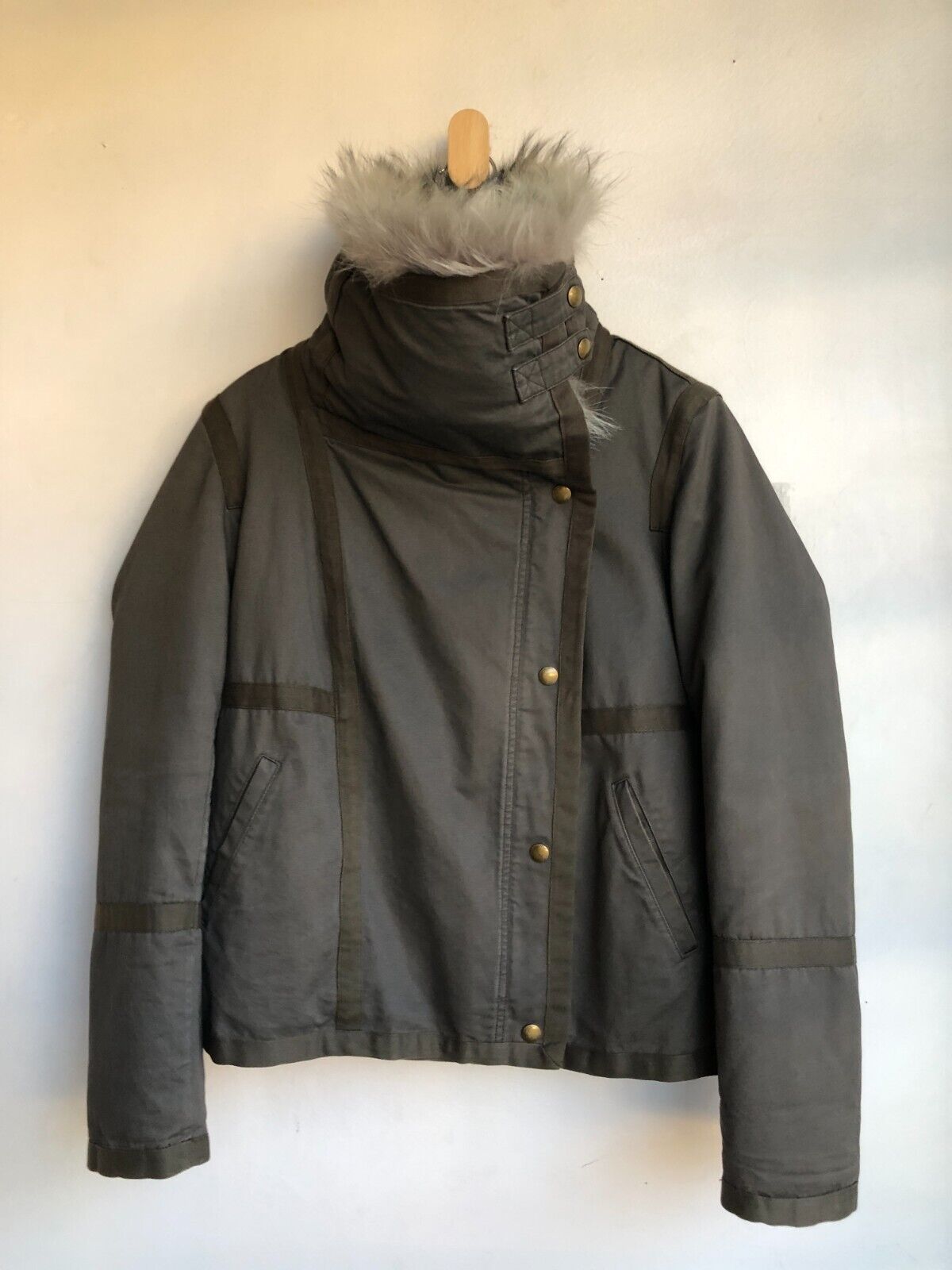 YVES SALOMON  Army Cement Grey Khaki Coyote Fur Collar Cotton Zip Up Jacket ~ M