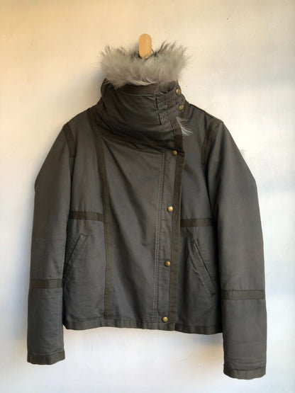 YVES SALOMON  Army Cement Grey Khaki Coyote Fur Collar Cotton Zip Up Jacket ~ M