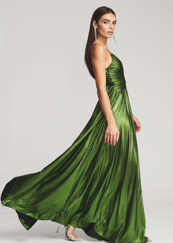 RETROFETE Doss Lime Metallic Green Pleated V Neck Sleeveless Maxi Dress Gown XL