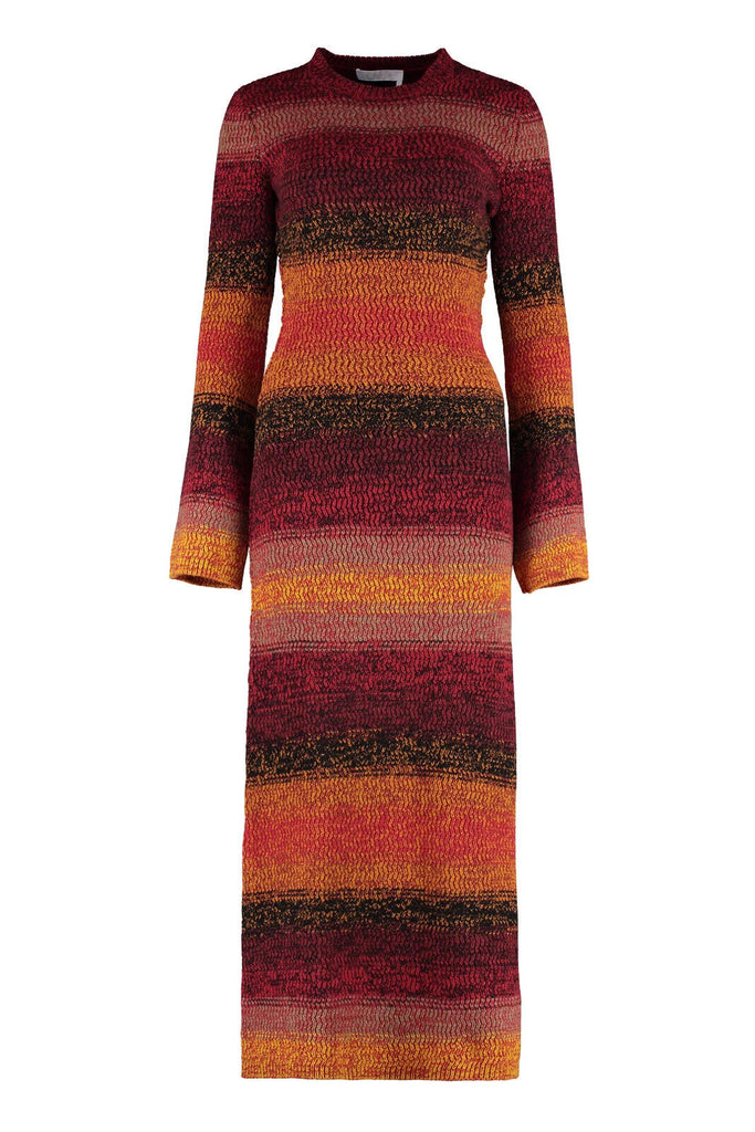 CHLOE Orange Red Orange Sunset Cashmere Stripe Knit Long Sleeve Maxi Dress XS