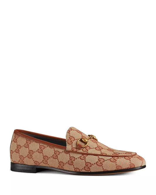 GUCCI Jordaan Monogram GG Supreme Beige Brick Red Canvas Horsebit Loafer 36