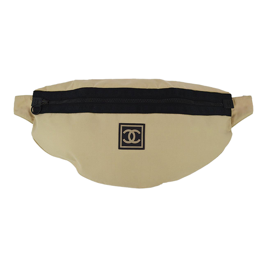 CHANEL Sportline Coco Mark Beige Black CC Bum Body Purse Vtg Fanny Pack Belt Bag