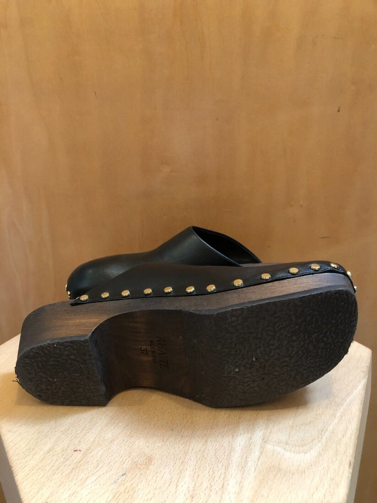 KHAITE	$1160 Lucca Black Leather Wooden Sole Gold Studded Mule Clog Shoe 37/7