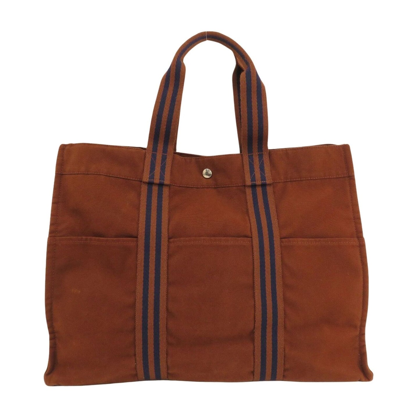HERMES Fourre Tout Mm Camel Brown Blue Stripe Canvas Tote Shoulder Bag Purse