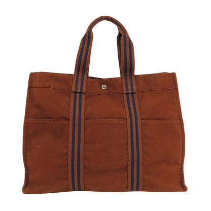HERMES Fourre Tout Mm Camel Brown Blue Stripe Canvas Tote Shoulder Bag Purse