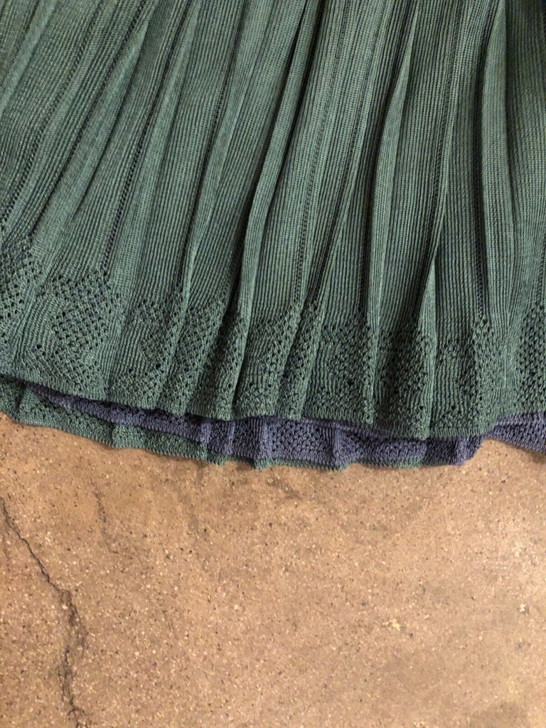 ALAIA Vtg 90s Green Pointelle Drop Waist Knit Pleated A-Line Sleeveless Dress M