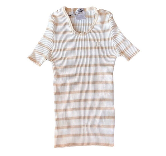 CHANEL Vtg 1998 White Beige Stripe Rib Knit Short Sleeve Shirt Top Blouse 4210