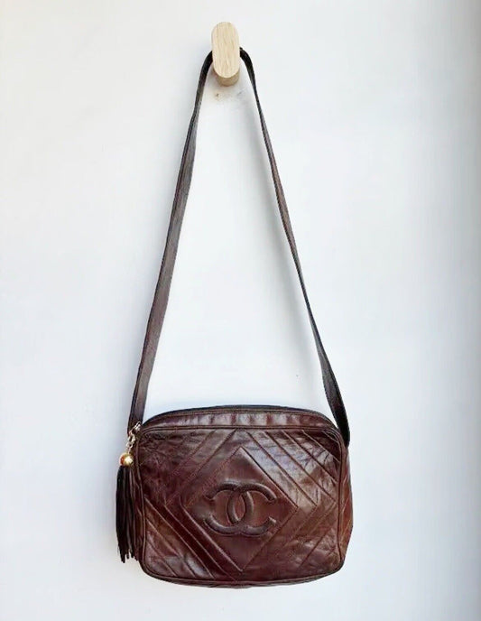 CHANEL Vintage Brown Leather Strap Chevron CC Logo Satchel Tassel Bag Purse