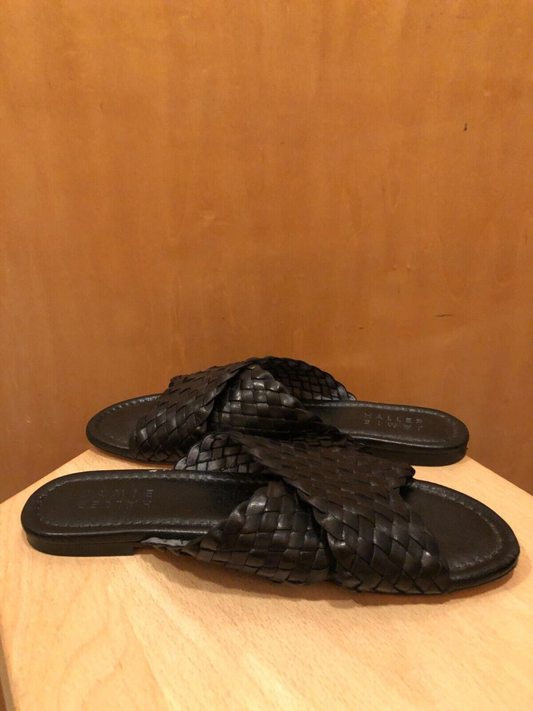 JAMIE HALLER Black Woven Leather Criss Cross Strap Open Toe Slide Flat Sandal 40