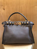 FENDI Peekaboo Iconic Gold Studs 2 Way Gray Taupe Leather Shoulder Bag Purse