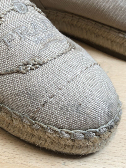 PRADA	Beige Canvas Trim Round Toe Logo Straw Raffia Platform Flat Espadrille 36