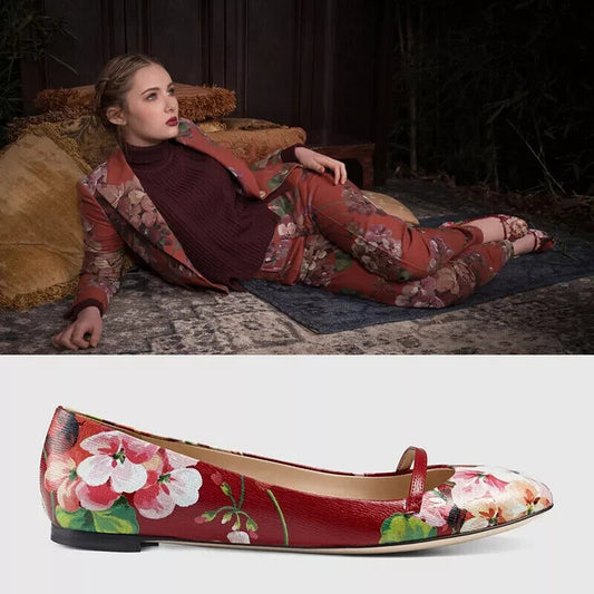 GUCCI	Red Floral Bloom Print Shanghai Leather Round Toe Ballet Flat Shoe 40.5