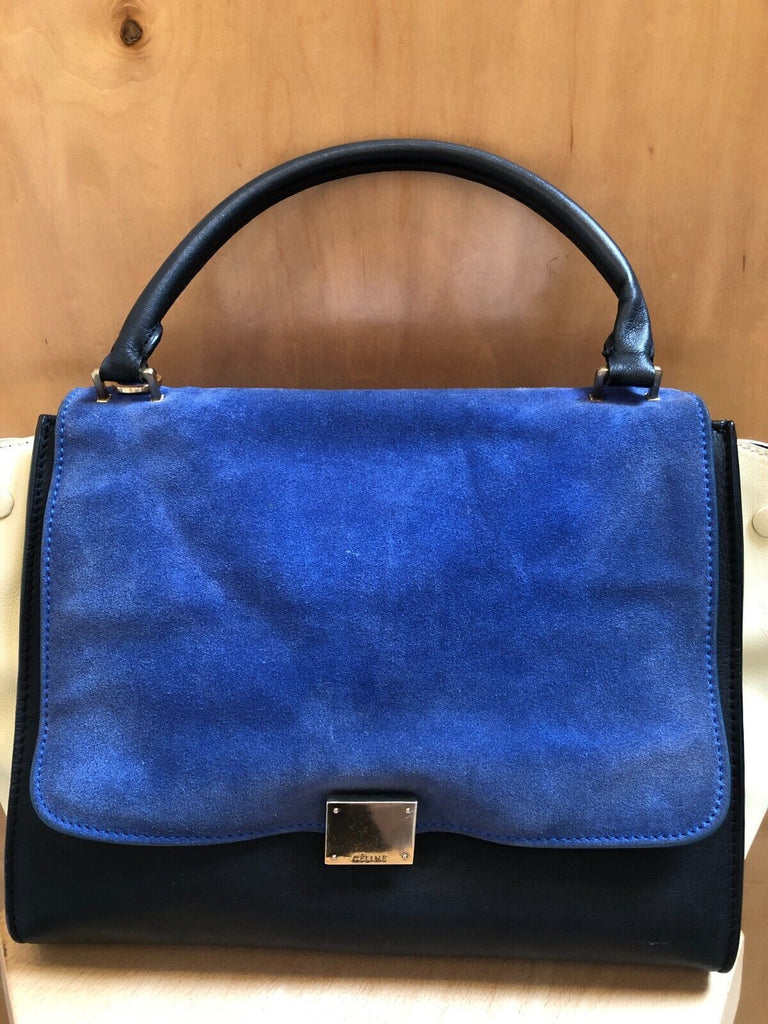 CELINE	Trapeze Cobalt Blue Beige Black Suede Leather Colorblock Bag Purse