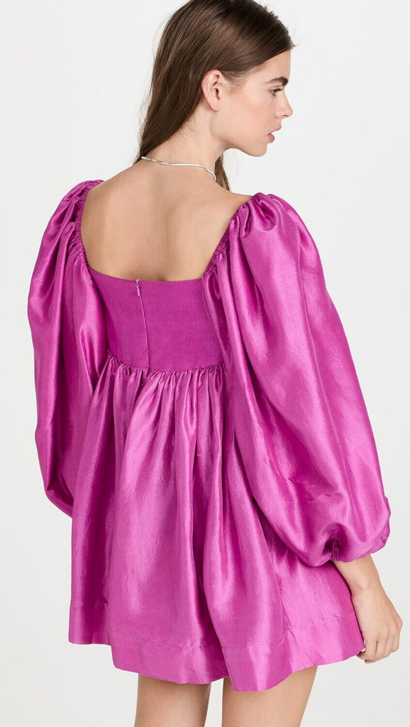 AZEEZA NEW Cameron Orchid Purple Pink Empire Waist Long Sleeve Silk Mini Dress L