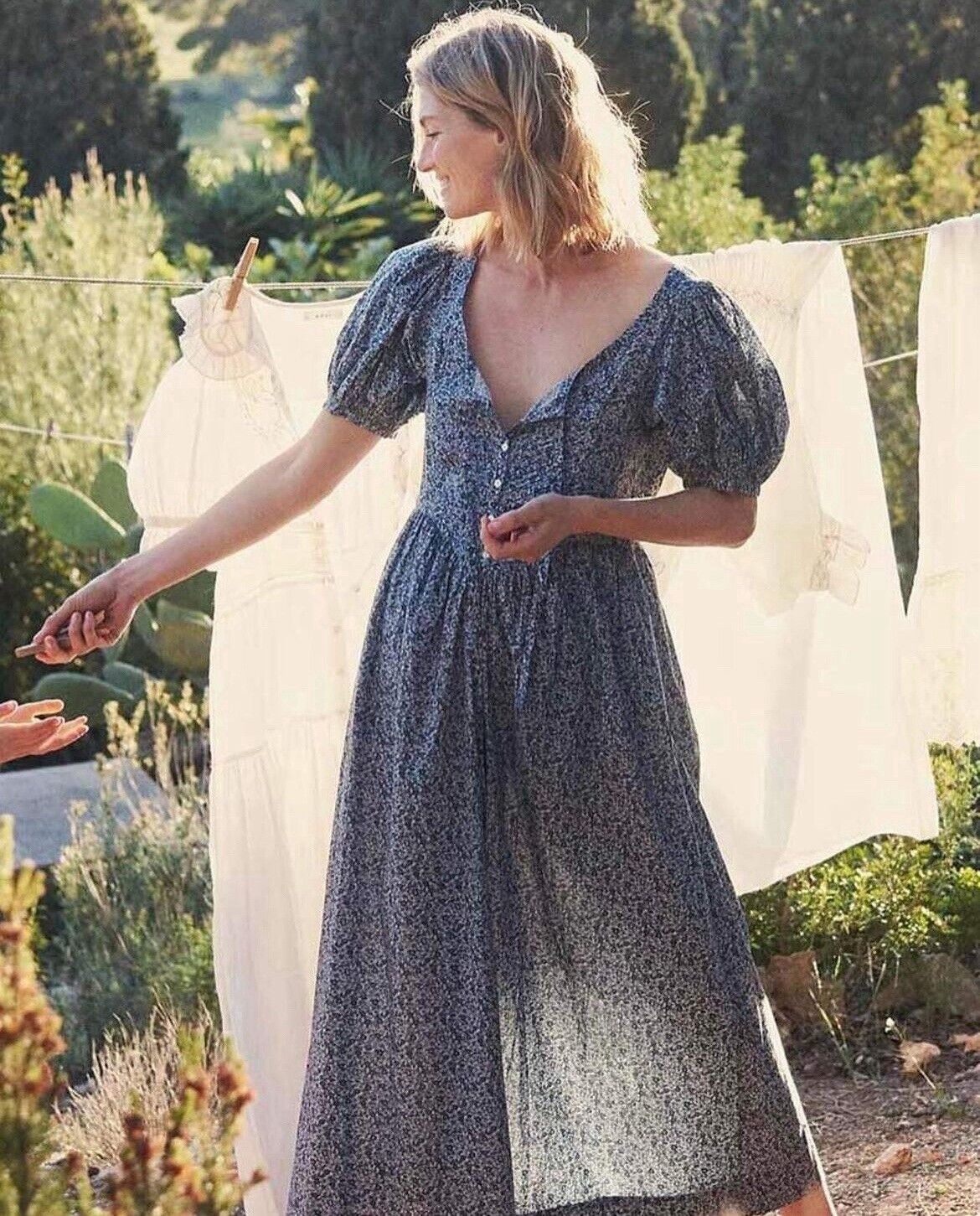 DOEN Monceau Dolores Liberty Blue White Floral Pleated Short Sleeve Maxi Dress