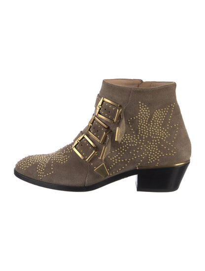CHLOE	Susanna Brown Beige Taupe Gold Studded Suede Multi Buckle Ankle Boot 35