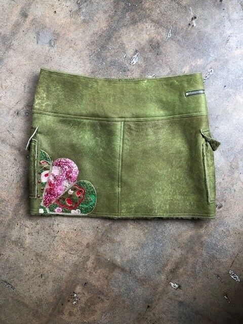 JOHN GALLIANO Vtg 2000s Green Leather Shearling Bead Embroidered Mini Skirt 38/6