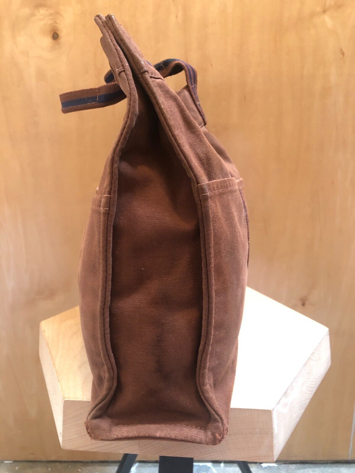 HERMES Fourre Tout Mm Camel Brown Blue Stripe Canvas Tote Shoulder Bag Purse