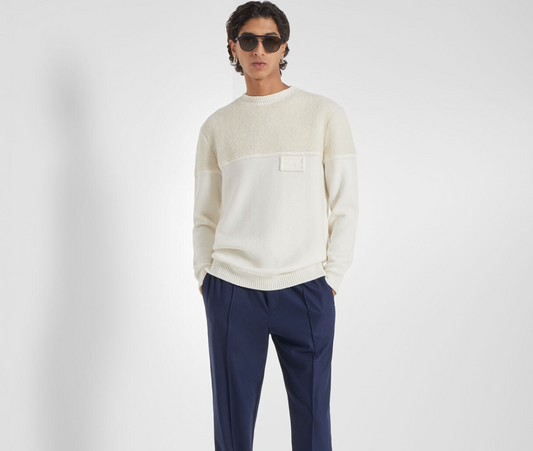 FENDI Men's Pearl White Silk Wool Teddy Rib FF Baguette Logo Crewneck Sweater S