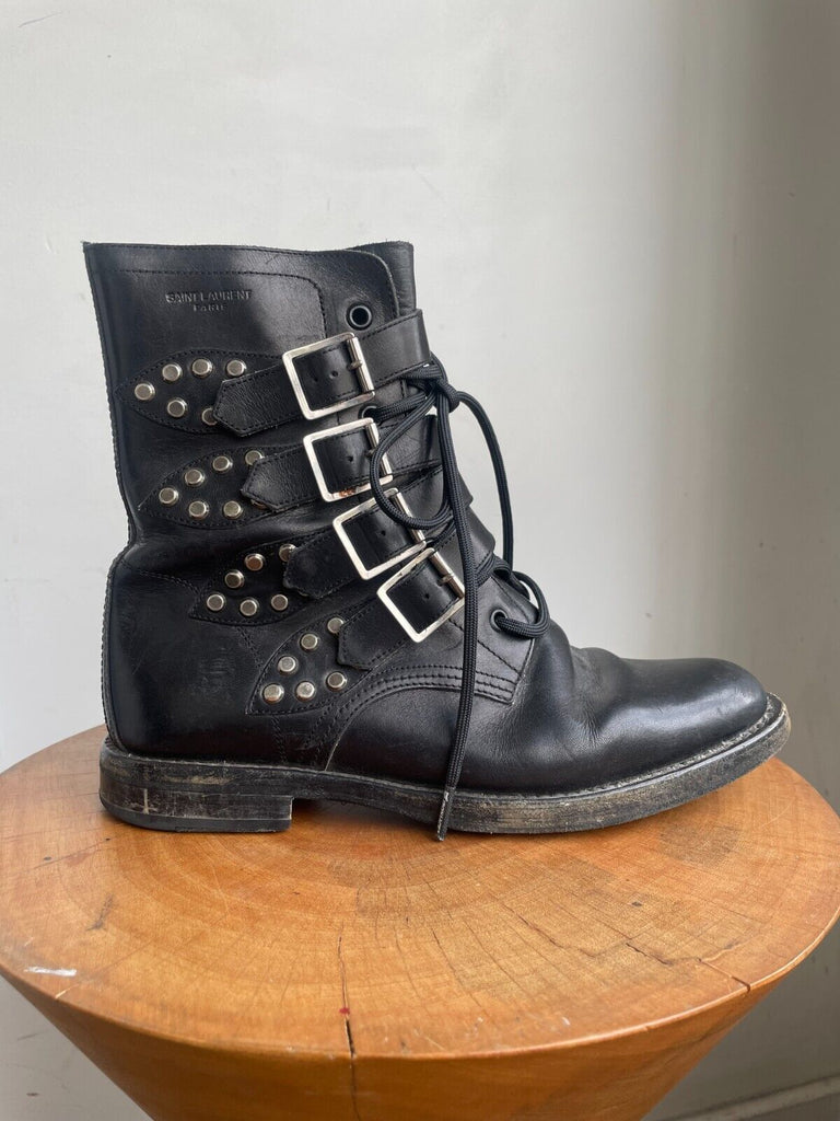 SAINT LAURENT Black Leather Silver Stud Buckle Combat Moto Biker Ankle Boot 40