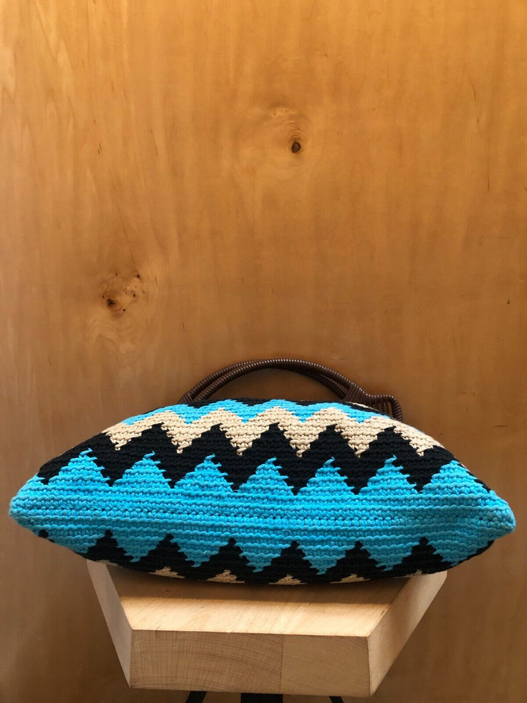 MARNI Market Blue Black Beige Crochet Knit Zig Zag Chevron Geometric Bag Purse