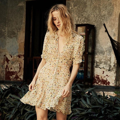 DOEN Mira Yellow Victoria Floral Print Silk Georgette Short Sleeve Mini Dress XS